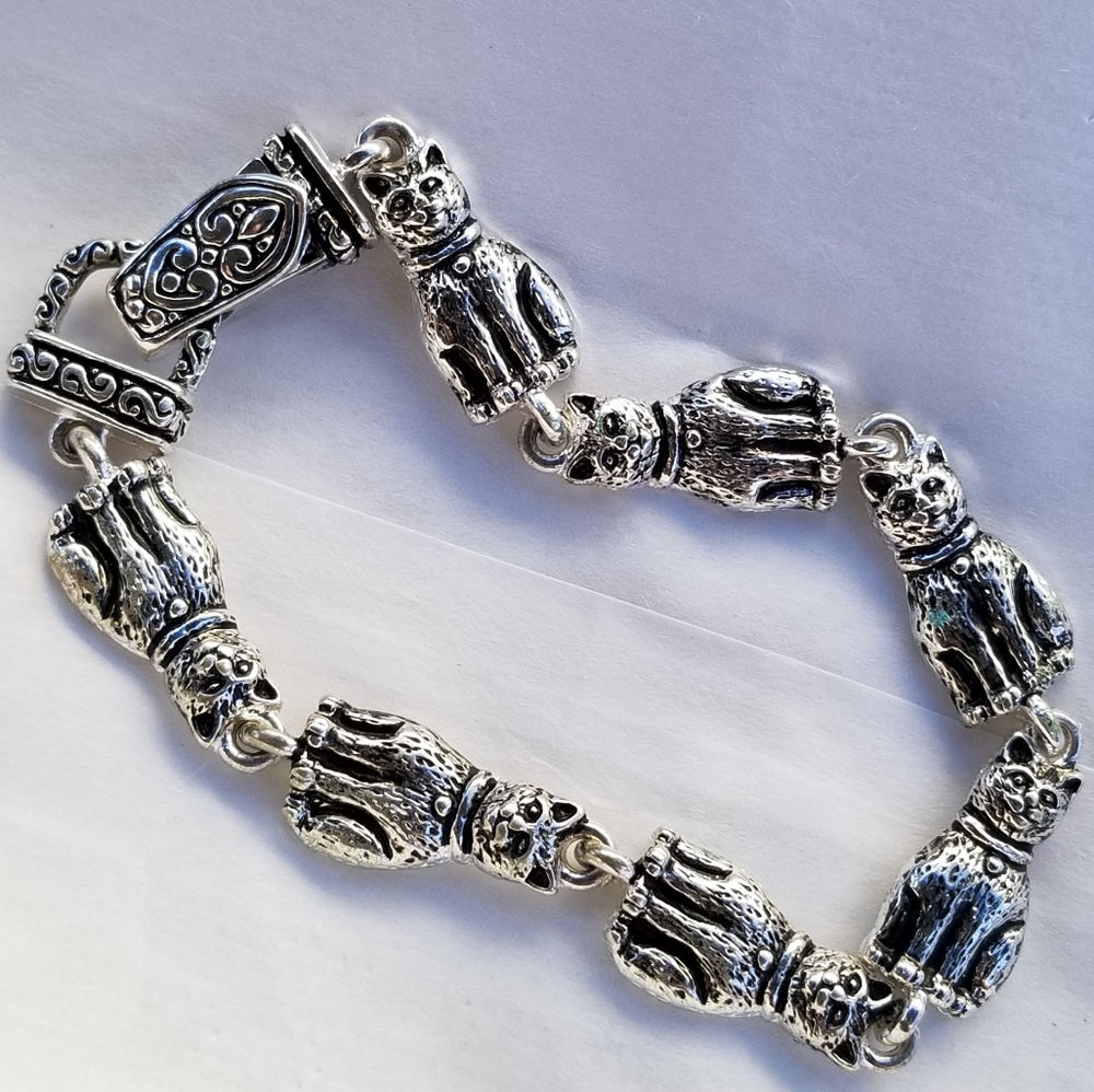 Cat bracelet silver tone metal linked kitty kitten